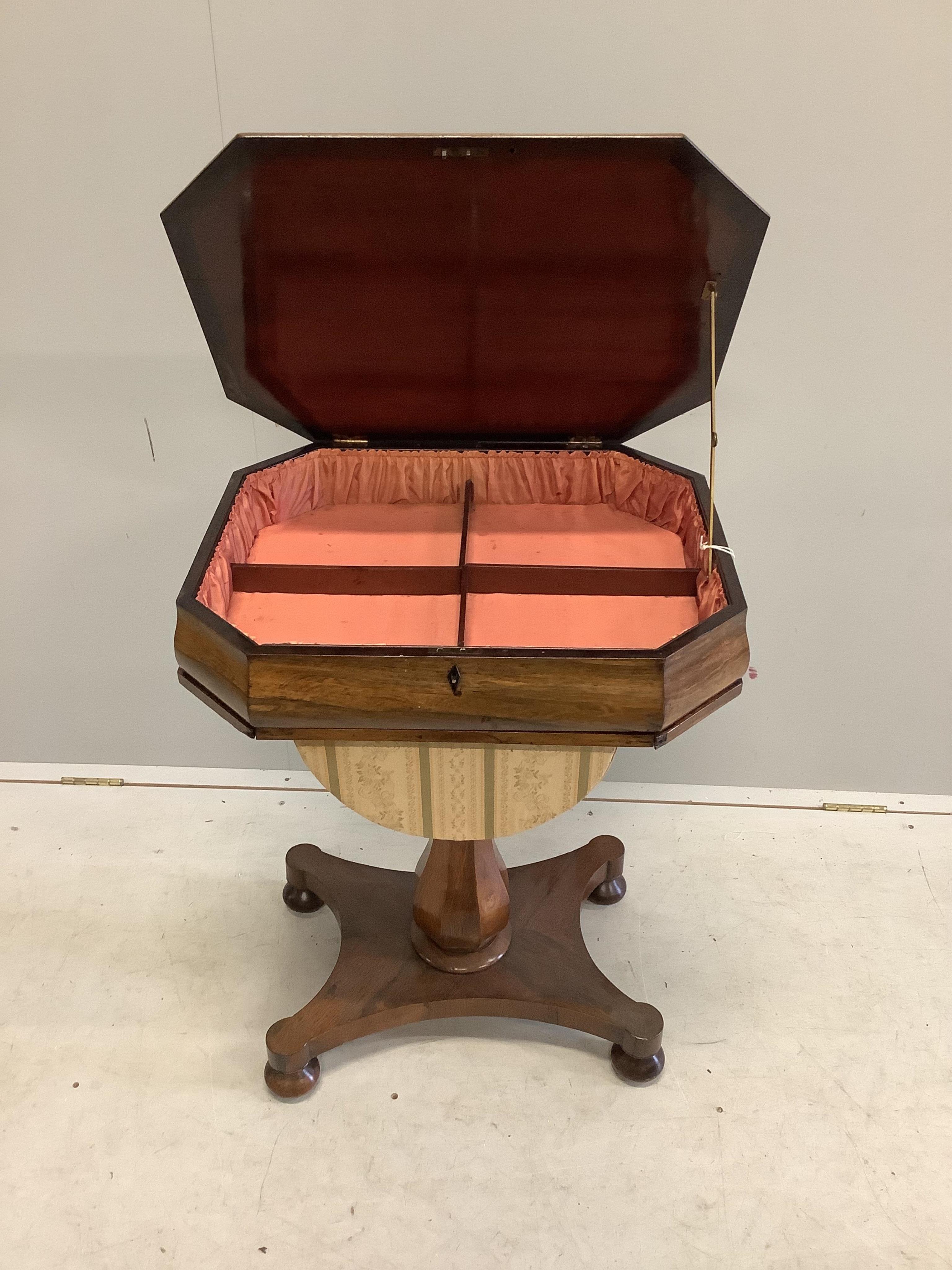 A Victorian rosewood work table, width 60cm, depth 49cm, height 79cm. Condition - fair